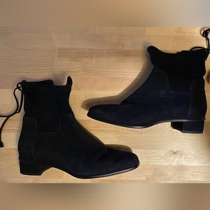 Aquatalia blue suede booties with tie at back.